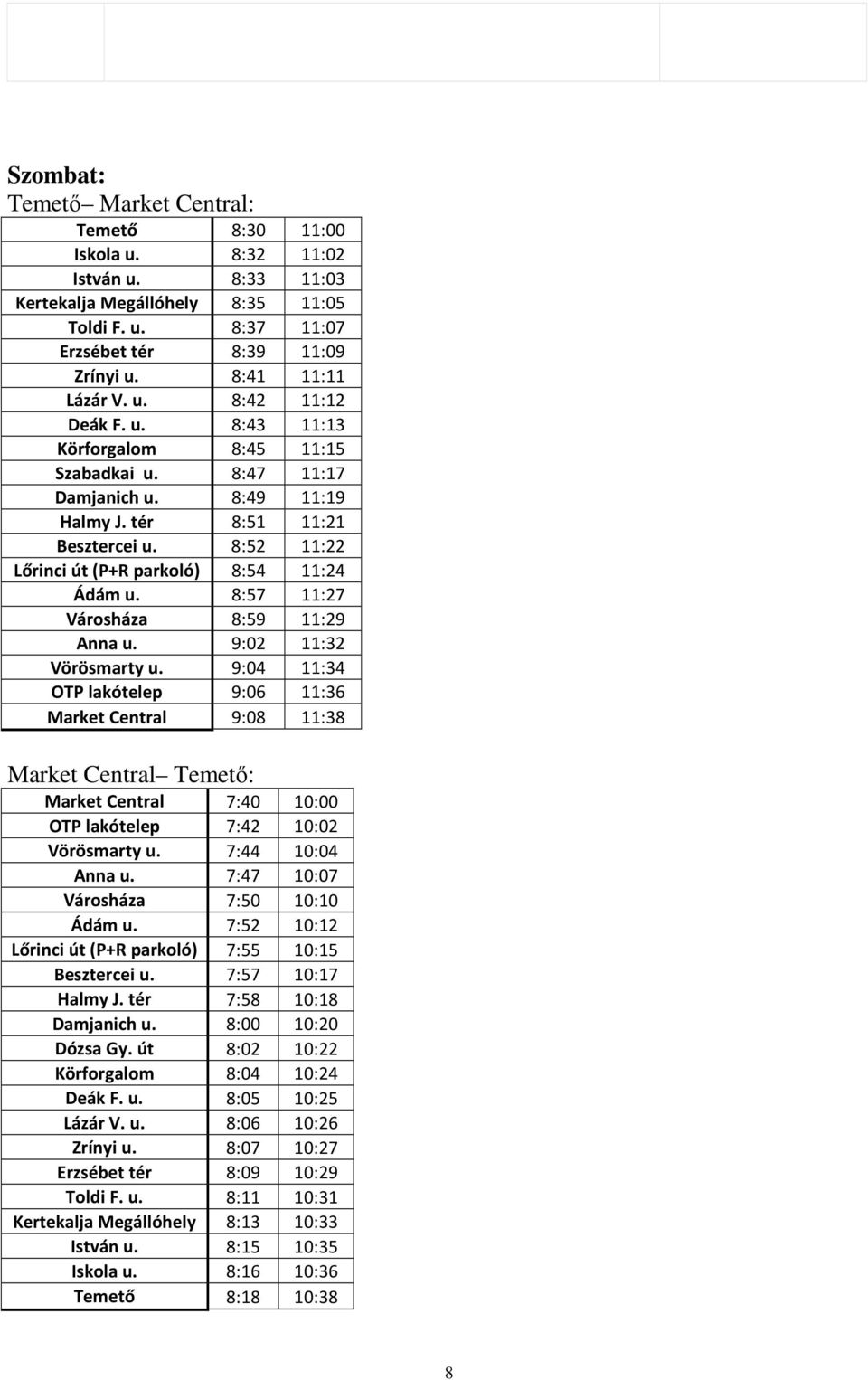 8:52 11:22 Lőrinci út (P+R parkoló) 8:54 11:24 Ádám u. 8:57 11:27 Városháza 8:59 11:29 Anna u. 9:02 11:32 Vörösmarty u.