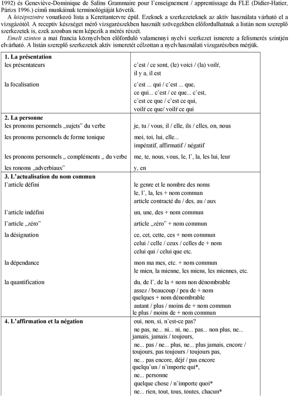 A receptív készséget mérő vizsgarészekben használt szövegekben előfordulhatnak a listán nem szereplő szerkezetek is, ezek azonban nem képezik a mérés részét.