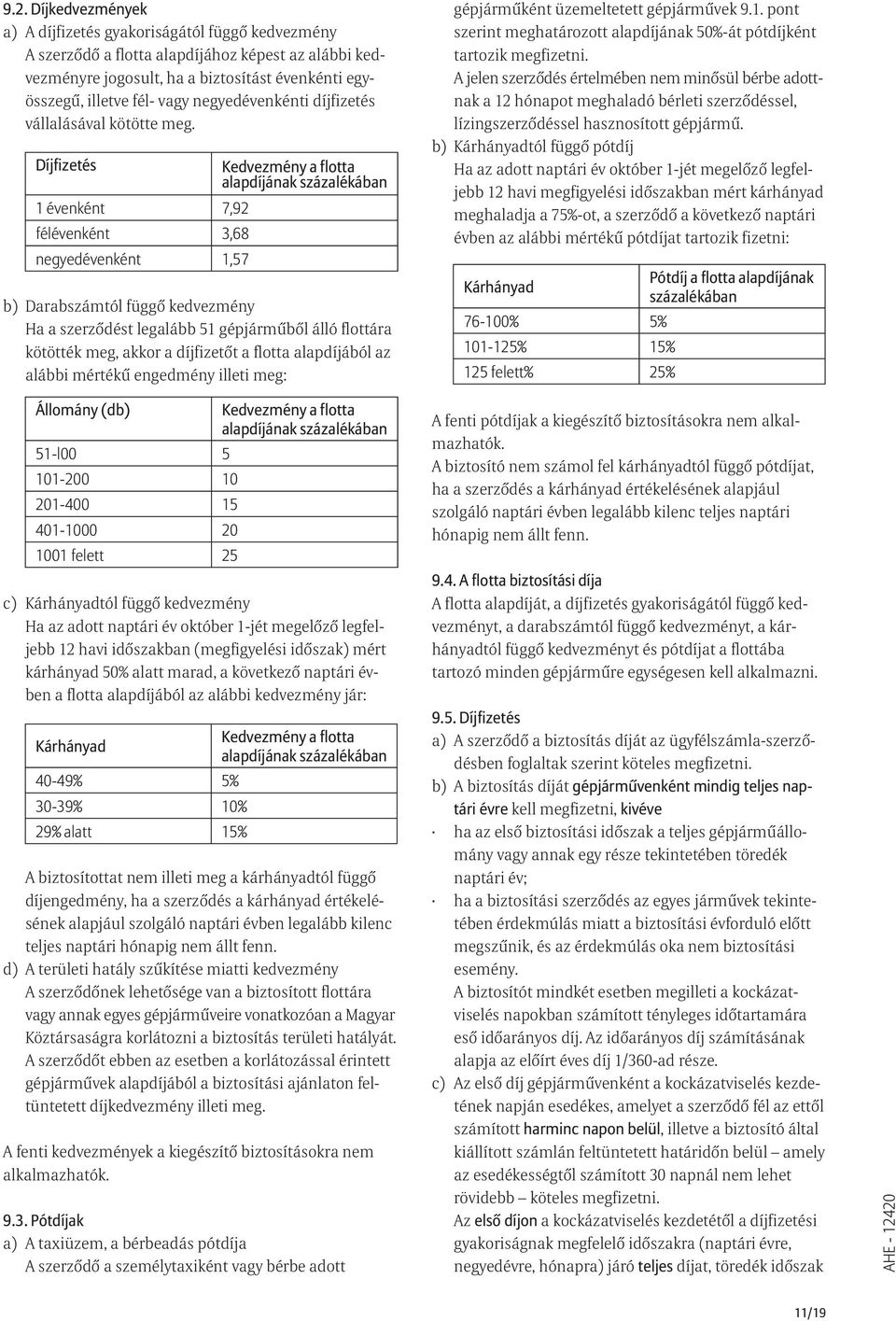 Díjfizetés 1 évenként 7,92 félévenként 3,68 negyedévenként 1,57 Kedvezmény a flotta alapdíjának százalékában b) Darabszámtól függõ kedvezmény Ha a szerzõdést legalább 51 gépjármûbõl álló flottára