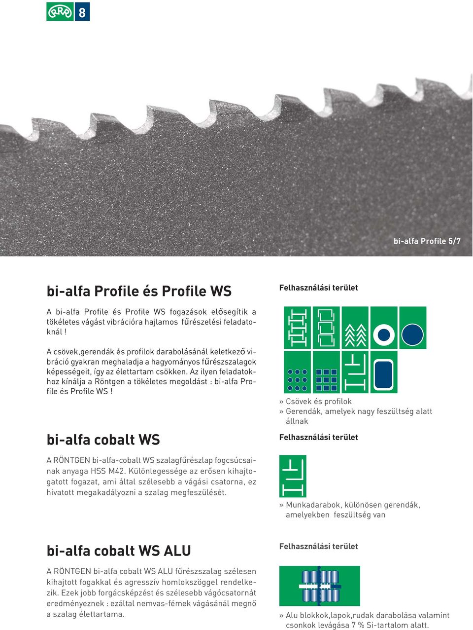 Az ilyen feladatokhoz kínálja a Röntgen a tökéletes megoldást : bi-alfa Profile és Profile WS! bi-alfa cobalt WS A RÖNTGEN bi-alfa-cobalt WS szalagfűrészlap fogcsúcsainak anyaga HSS M42.