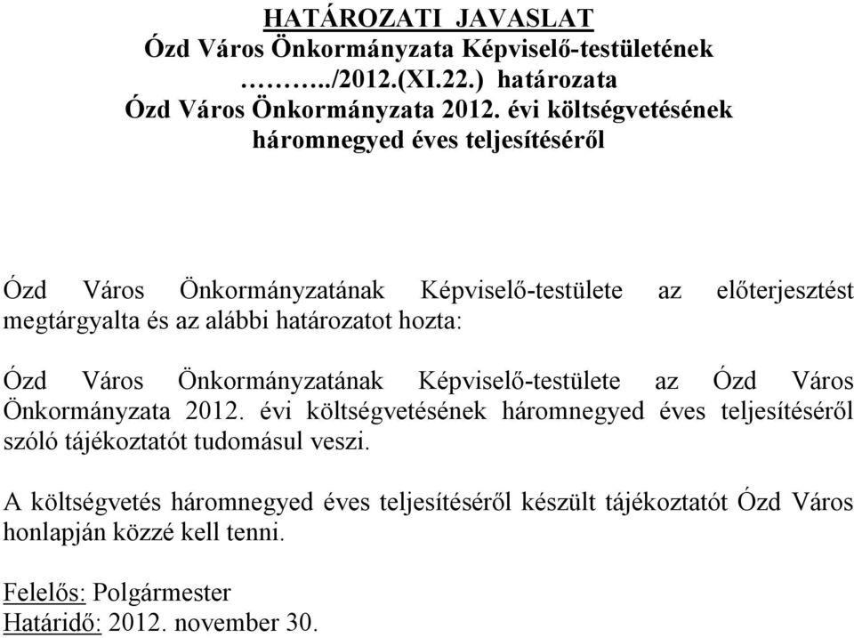 határozatot hozta: Ózd Város Önkormányzatának Képviselő-testülete az Ózd Város Önkormányzata 2012.