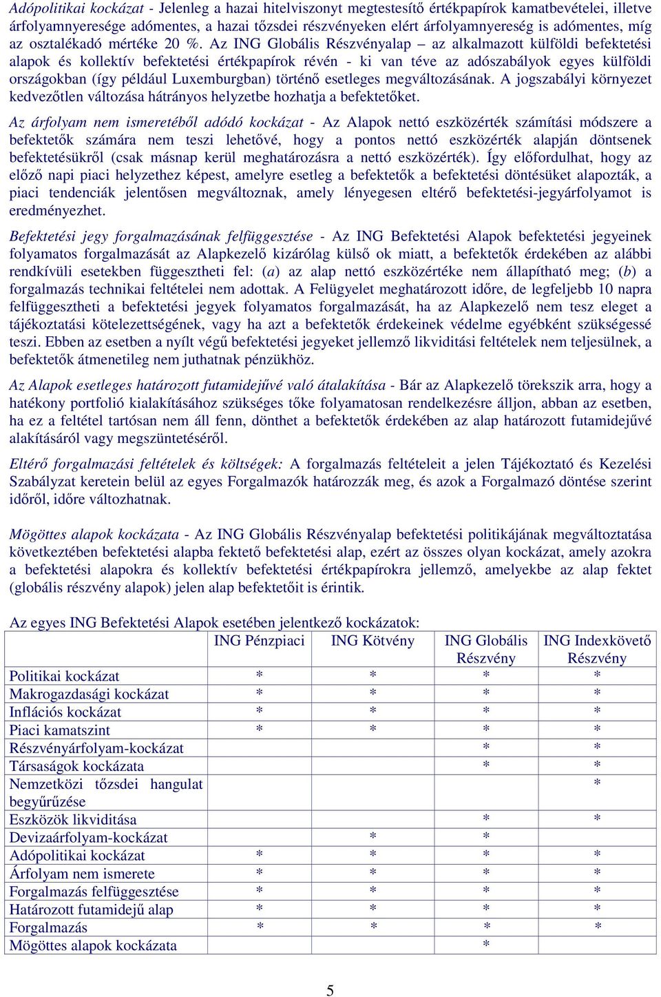 Az ING Globális Részvényalap az alkalmazott külföldi befektetési alapok és kollektív befektetési értékpapírok révén - ki van téve az adószabályok egyes külföldi országokban (így például Luxemburgban)