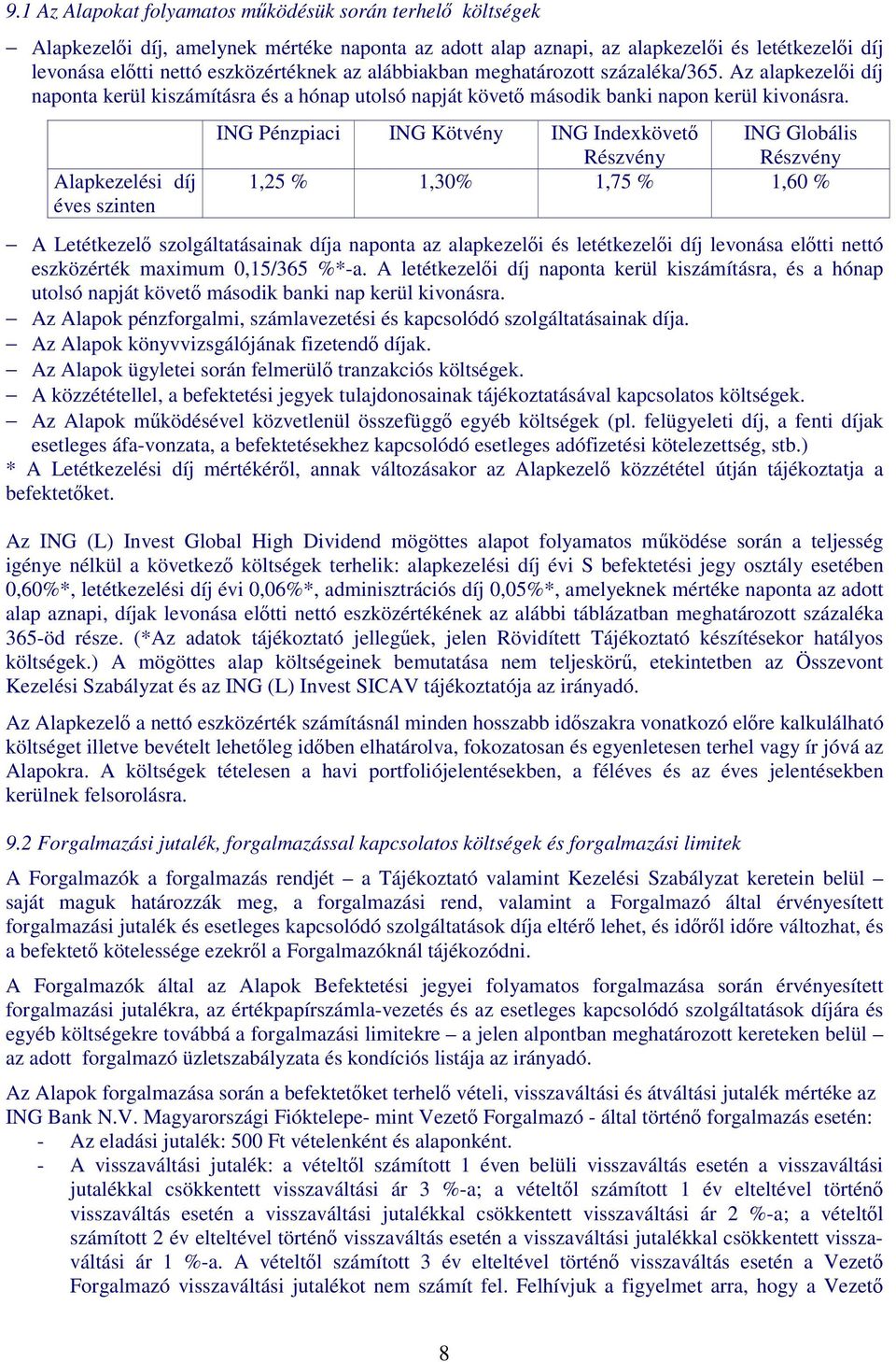 Alapkezelési díj éves szinten ING Pénzpiaci ING Kötvény ING Indexkövető ING Globális Részvény Részvény 1,25 % 1,30% 1,75 % 1,60 % A Letétkezelő szolgáltatásainak díja naponta az alapkezelői és
