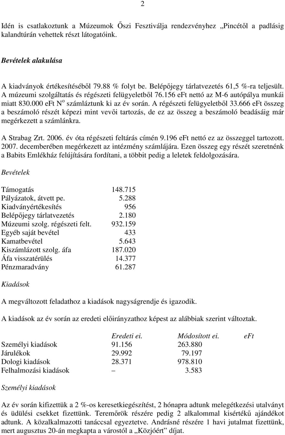 A régészeti felügyeletből 33.666 eft összeg a beszámoló részét képezi mint vevői tartozás, de ez az összeg a beszámoló beadásáig már megérkezett a számlánkra. A Strabag Zrt. 2006.