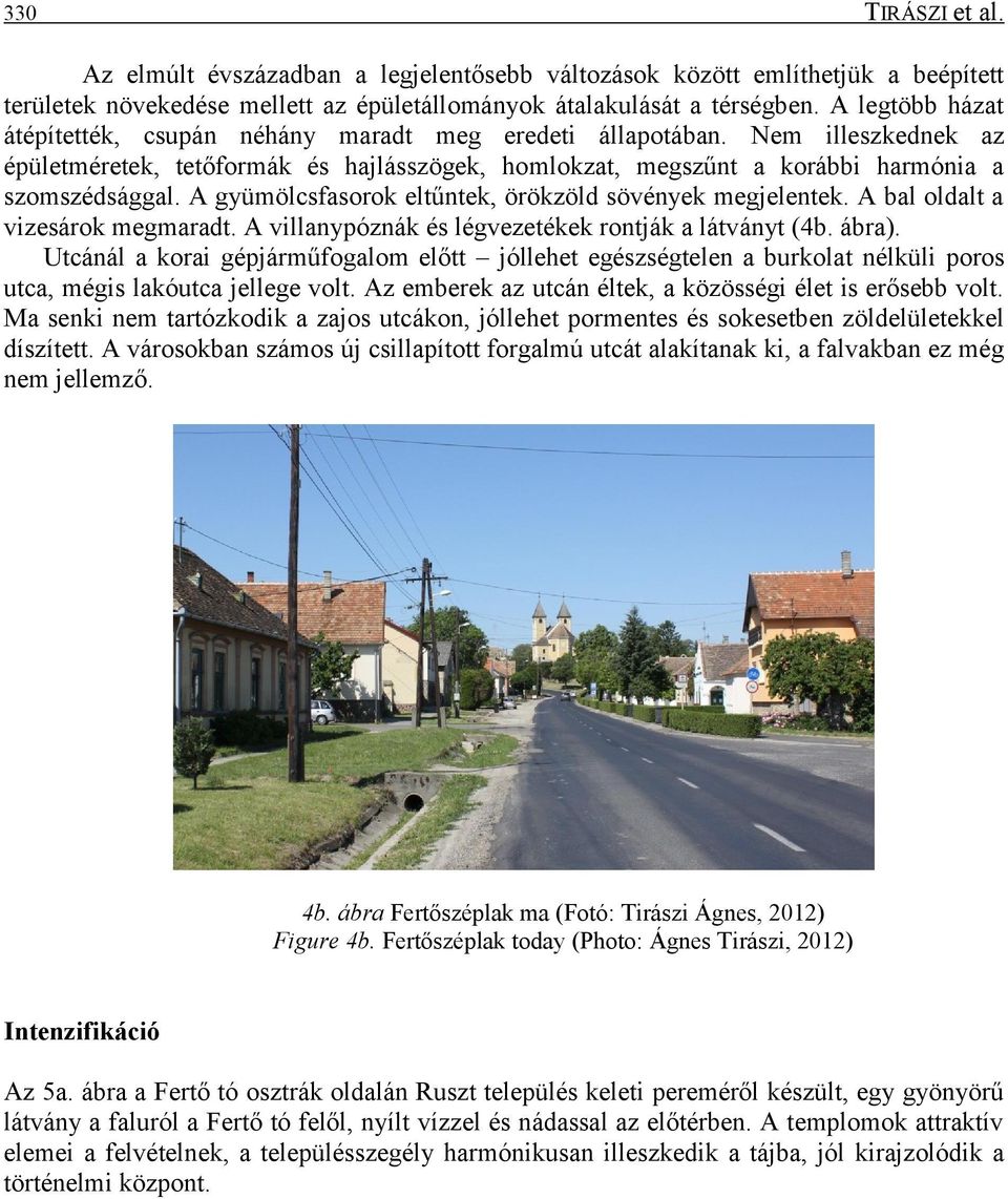 A gyümölcsfasorok eltűntek, örökzöld sövények megjelentek. A bal oldalt a vizesárok megmaradt. A villanypóznák és légvezetékek rontják a látványt (4b. ábra).