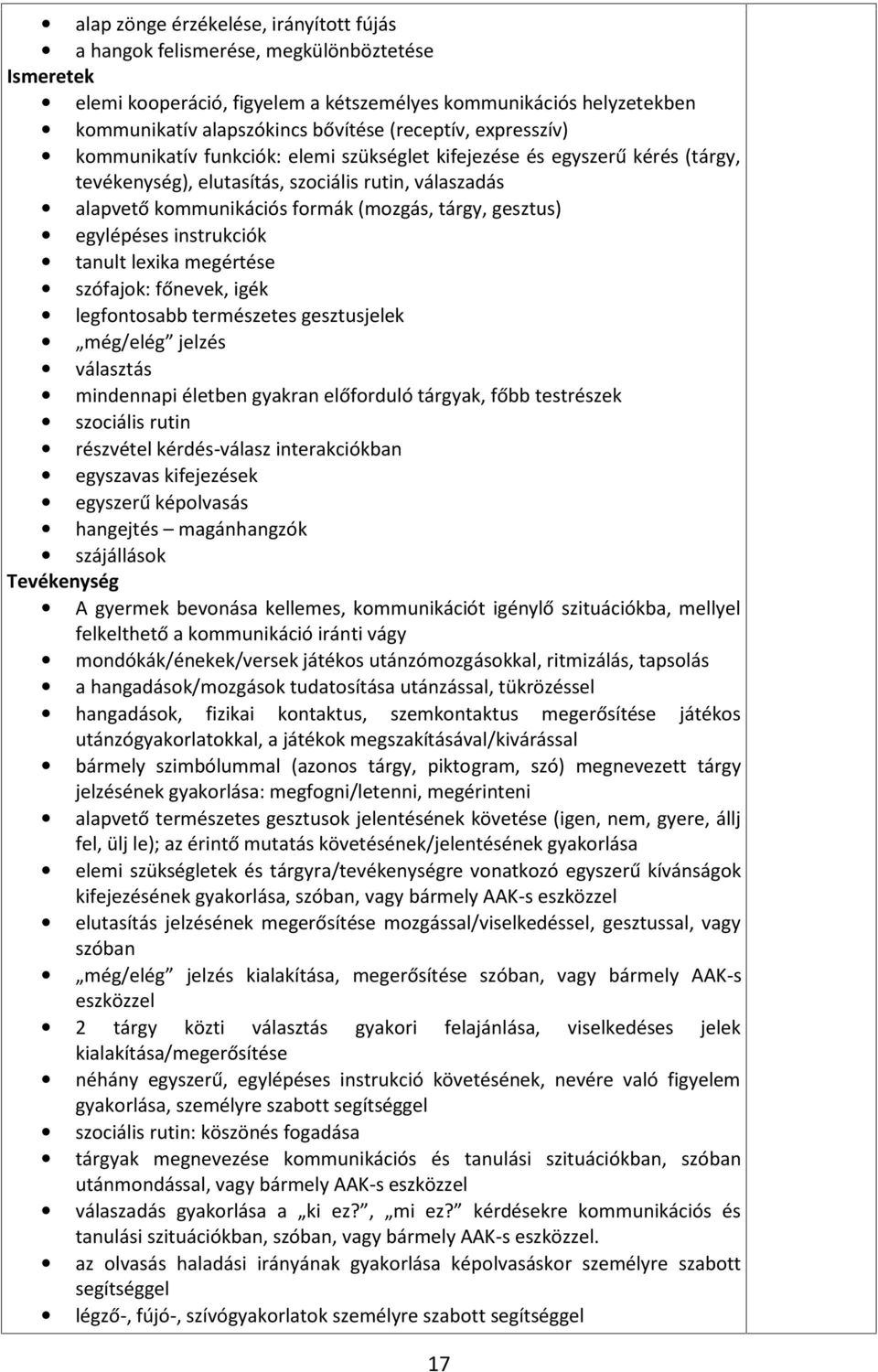 egylépéses instrukciók tanult lexika megértése szófajok: főnevek, igék legfontosabb természetes gesztusjelek még/elég jelzés választás mindennapi életben gyakran előforduló tárgyak, főbb testrészek