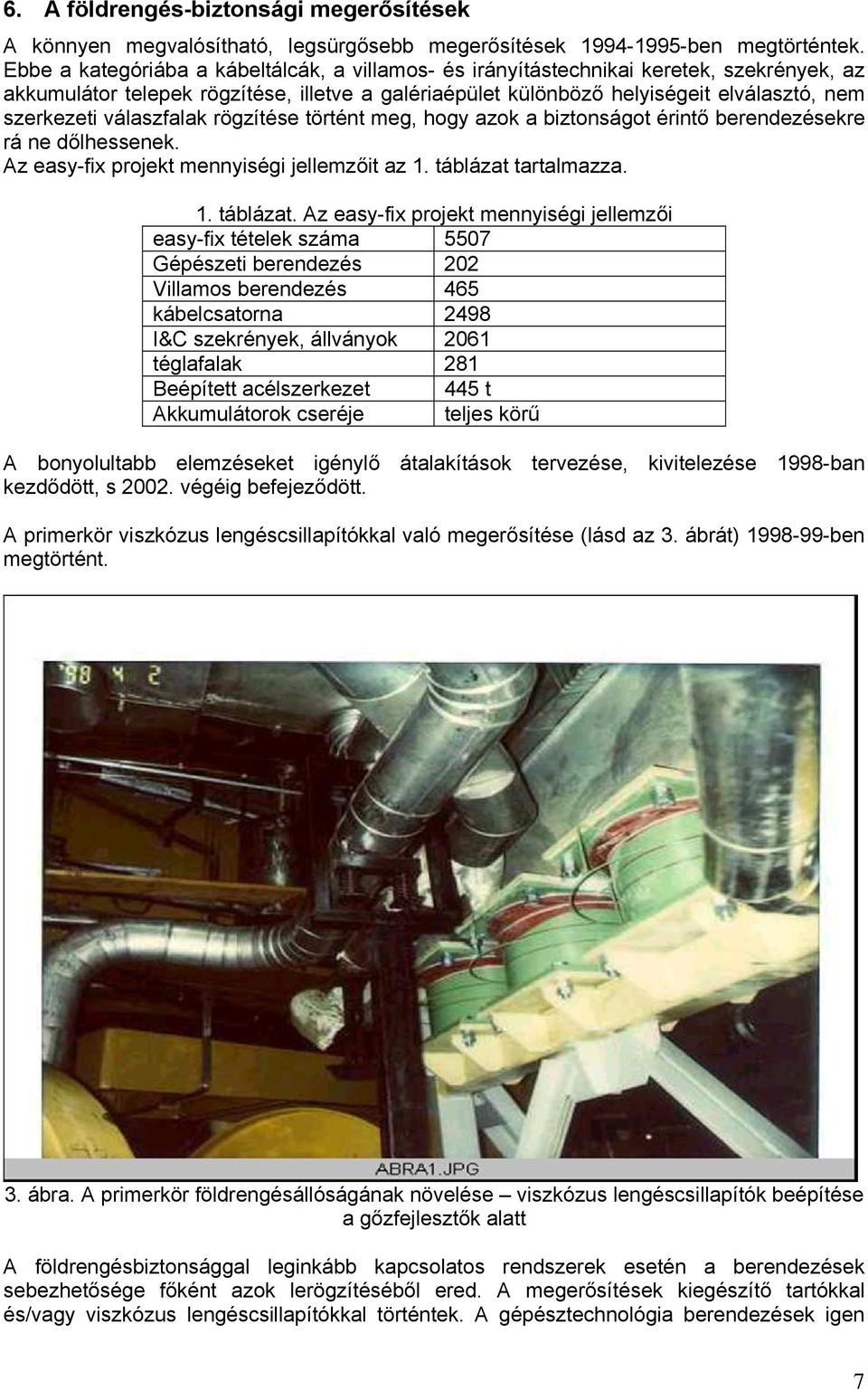 válaszfalak rögzítése történt meg, hogy azok a biztonságot érintő berendezésekre rá ne dőlhessenek. Az easy-fix projekt mennyiségi jellemzőit az 1. táblázat 