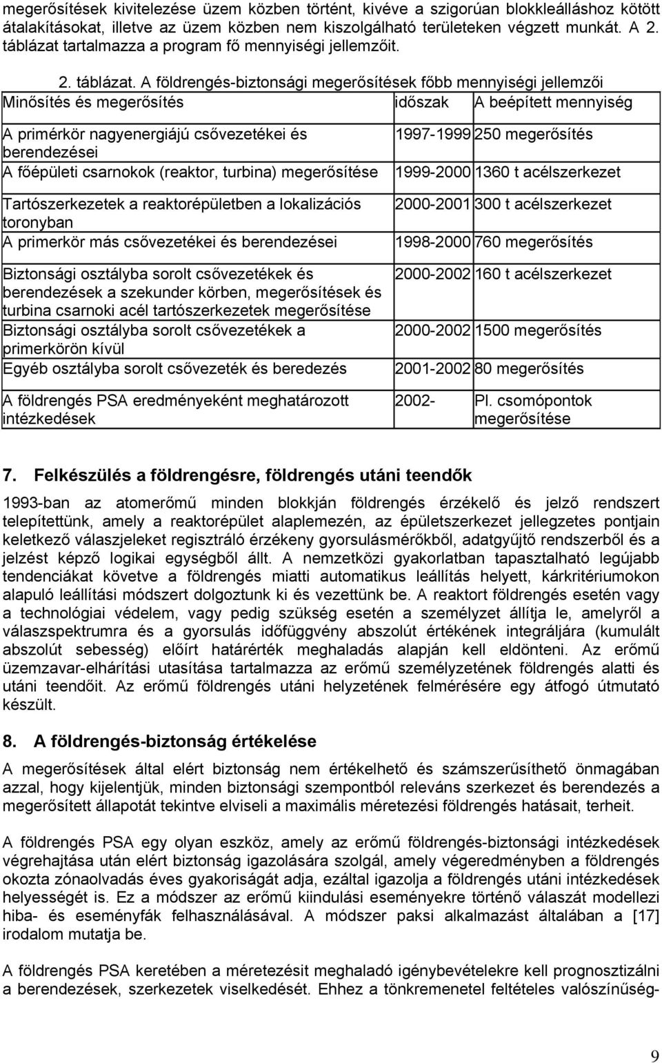 A földrengés-biztonsági megerősítések főbb mennyiségi jellemzői Minősítés és megerősítés időszak A beépített mennyiség A primérkör nagyenergiájú berendezései A főépületi csarnokok (reaktor, turbina)