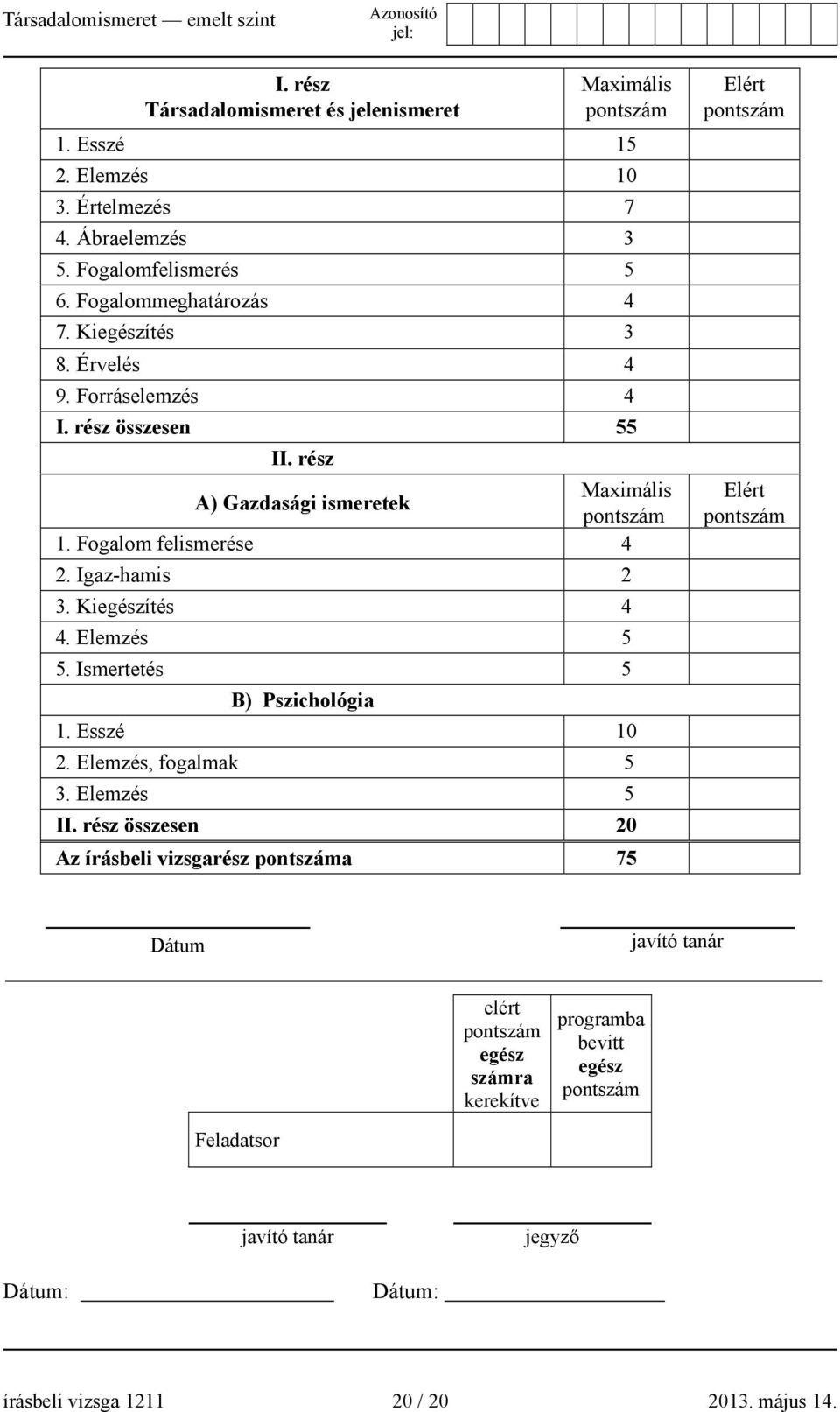 Kiegészítés 4 4. Elemzés 5 5. Ismertetés 5 B) Pszichológia 1. Esszé 10 2. Elemzés, fogalmak 5 3. Elemzés 5 II.