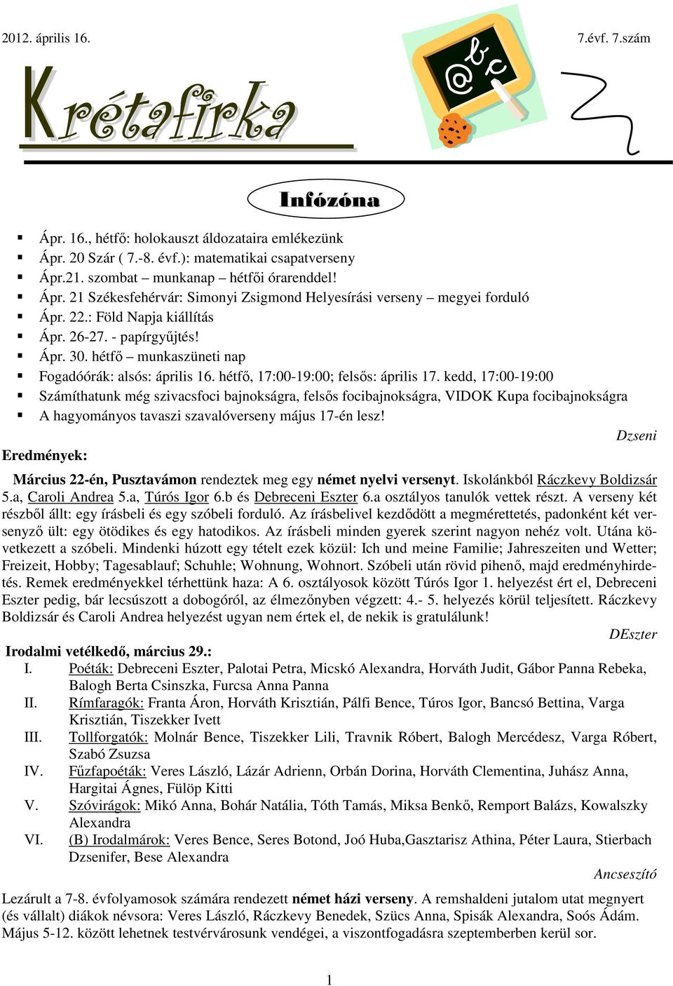 kedd, 17:00-19:00 Számíthatunk még szivacsfoci bajnokságra, felsős focibajnokságra, VIDOK Kupa focibajnokságra A hagyományos tavaszi szavalóverseny május 17-én lesz!