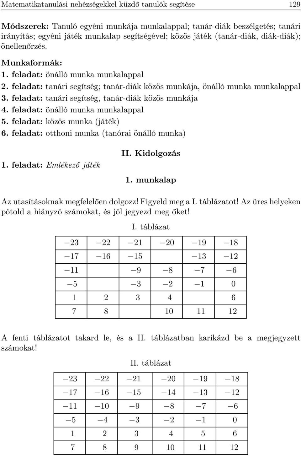 feladat: tanári segítség, tanár-diák közös munkája 4. feladat: önálló munka munkalappal 5. feladat: közös munka (játék) 6. feladat: otthoni munka (tanórai önálló munka) 1. feladat: Emlékező játék II.