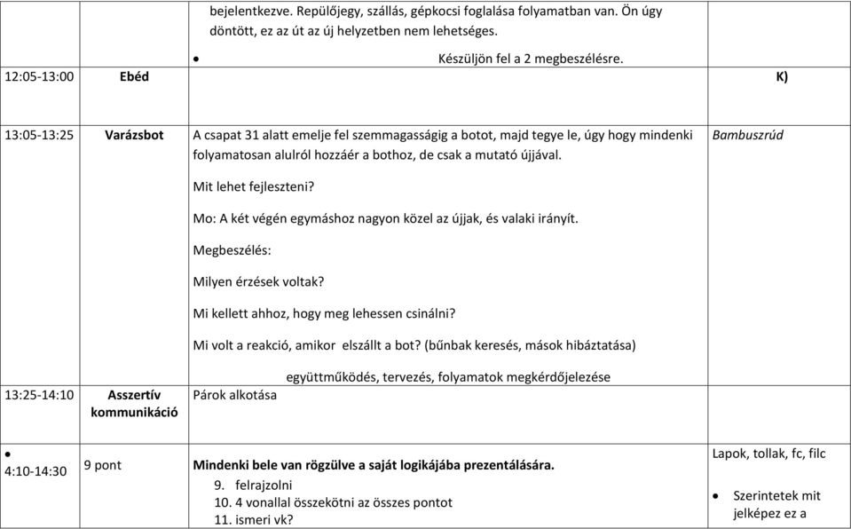 Bambuszrúd Mit lehet fejleszteni? Mo: A két végén egymáshoz nagyon közel az újjak, és valaki irányít. Megbeszélés: Milyen érzések voltak? Mi kellett ahhoz, hogy meg lehessen csinálni?