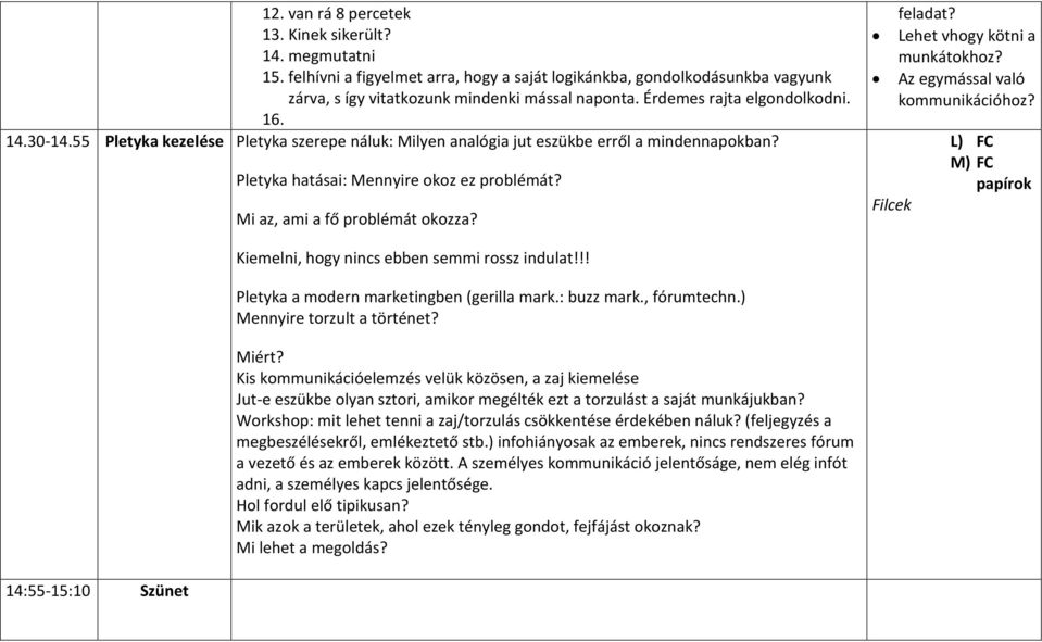 Mi az, ami a fő problémát okozza? feladat? Lehet vhogy kötni a munkátokhoz? Az egymással való kommunikációhoz? Filcek L) FC M) FC papírok Kiemelni, hogy nincs ebben semmi rossz indulat!