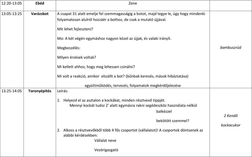 Mi volt a reakció, amikor elszállt a bot? (bűnbak keresés, mások hibáztatása) 13:25-14:05 Toronyépítés Leírás: együttműködés, tervezés, folyamatok megkérdőjelezése 1.