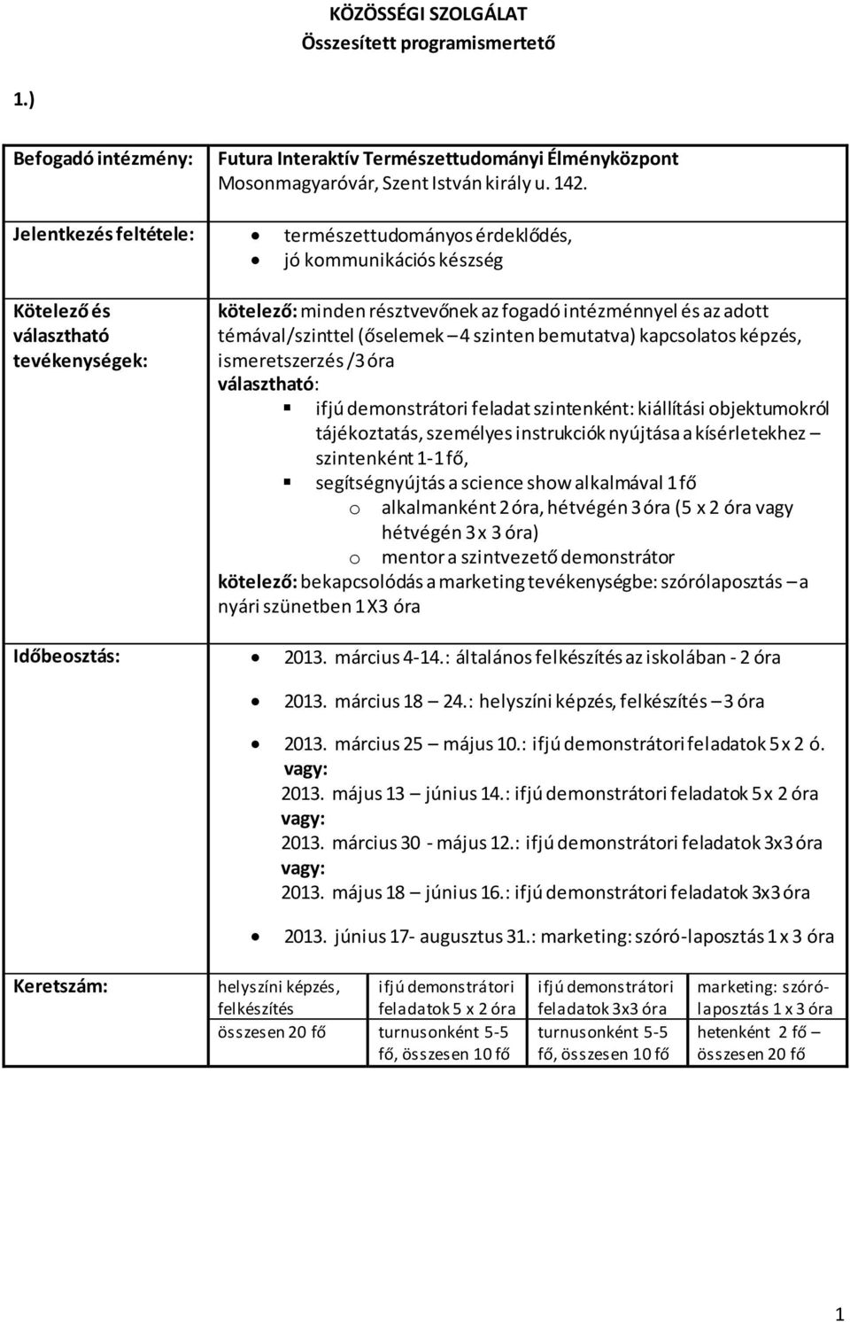 kapcsolatos képzés, ismeretszerzés /3 óra : ifjú demonstrátori feladat szintenként: kiállítási objektumokról tájékoztatás, személyes instrukciók nyújtása a kísérletekhez szintenként 1-1 fő,