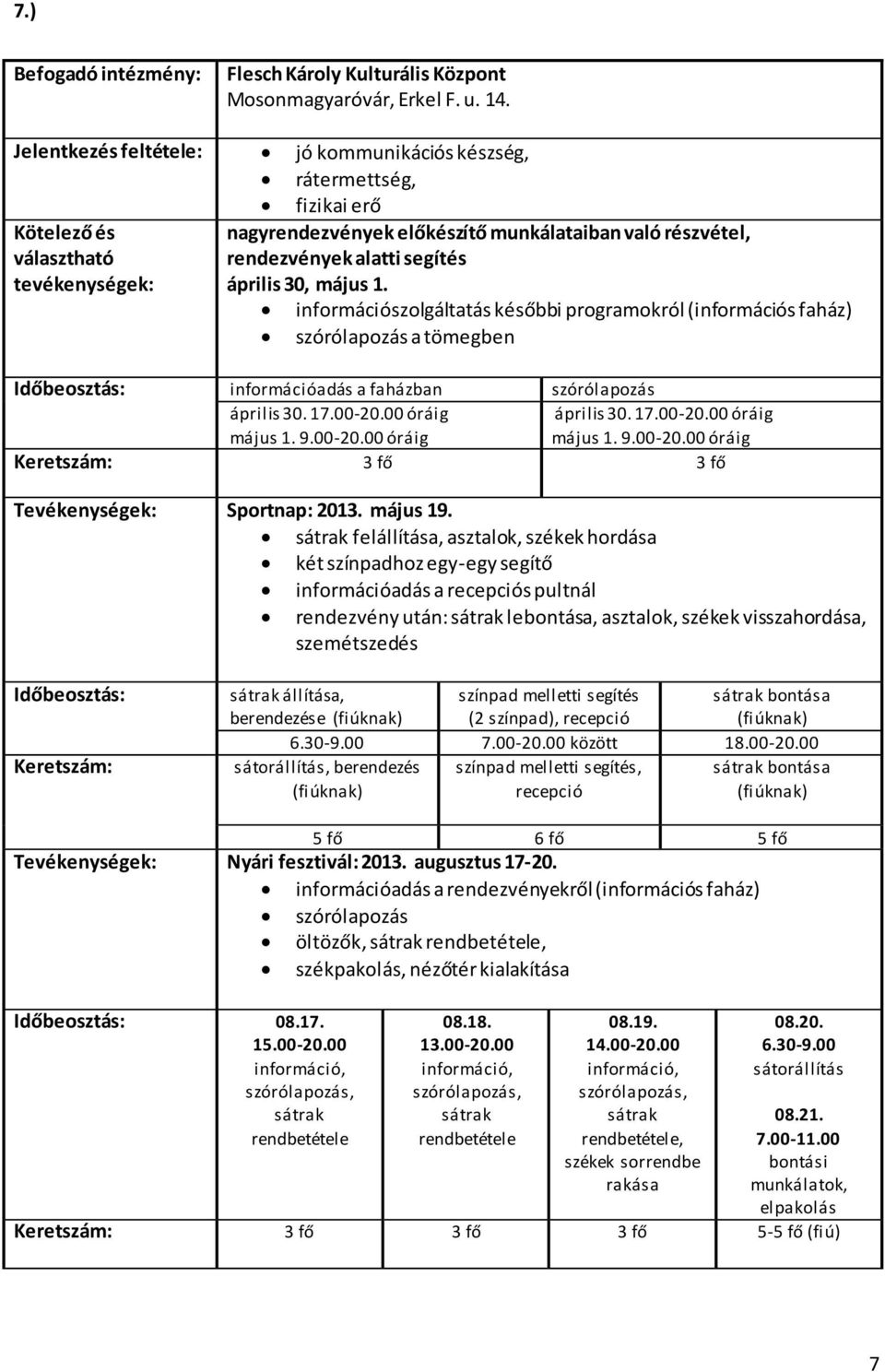 információszolgáltatás későbbi programokról (információs faház) szórólapozás a tömegben Időbeosztás: információadás a faházban szórólapozás április 30. 17.00-20.00 óráig május 1. 9.00-20.00 óráig április 30.