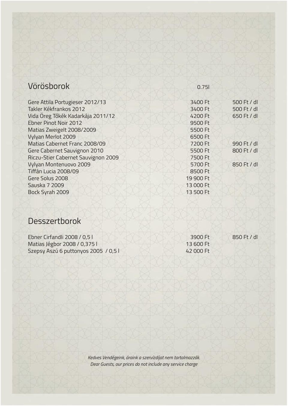 2012 9500 Ft Matias Zweigelt 2008/2009 5500 Ft Vylyan Merlot 2009 6500 Ft Matias Cabernet Franc 2008/09 7200 Ft 990 Ft / dl Gere Cabernet Sauvignon 2010 5500 Ft 800 Ft / dl