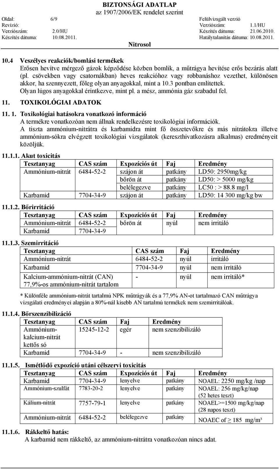 Olyan lúgos anyagokkal érintkezve, mint pl. a mész, ammónia gáz szabadul fel. 11. TOXIKOLÓGIAI ADATOK 11. 1. Toxikológiai hatásokra vonatkozó információ A termékre vonatkozóan nem állnak rendelkezésre toxikológiai információk.