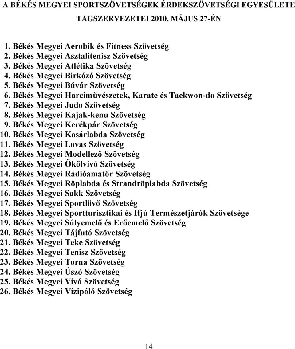 Békés Megyei Kajak-kenu Szövetség 9. Békés Megyei Kerékpár Szövetség 10. Békés Megyei Kosárlabda Szövetség 11. Békés Megyei Lovas Szövetség 12. Békés Megyei Modellező Szövetség 13.