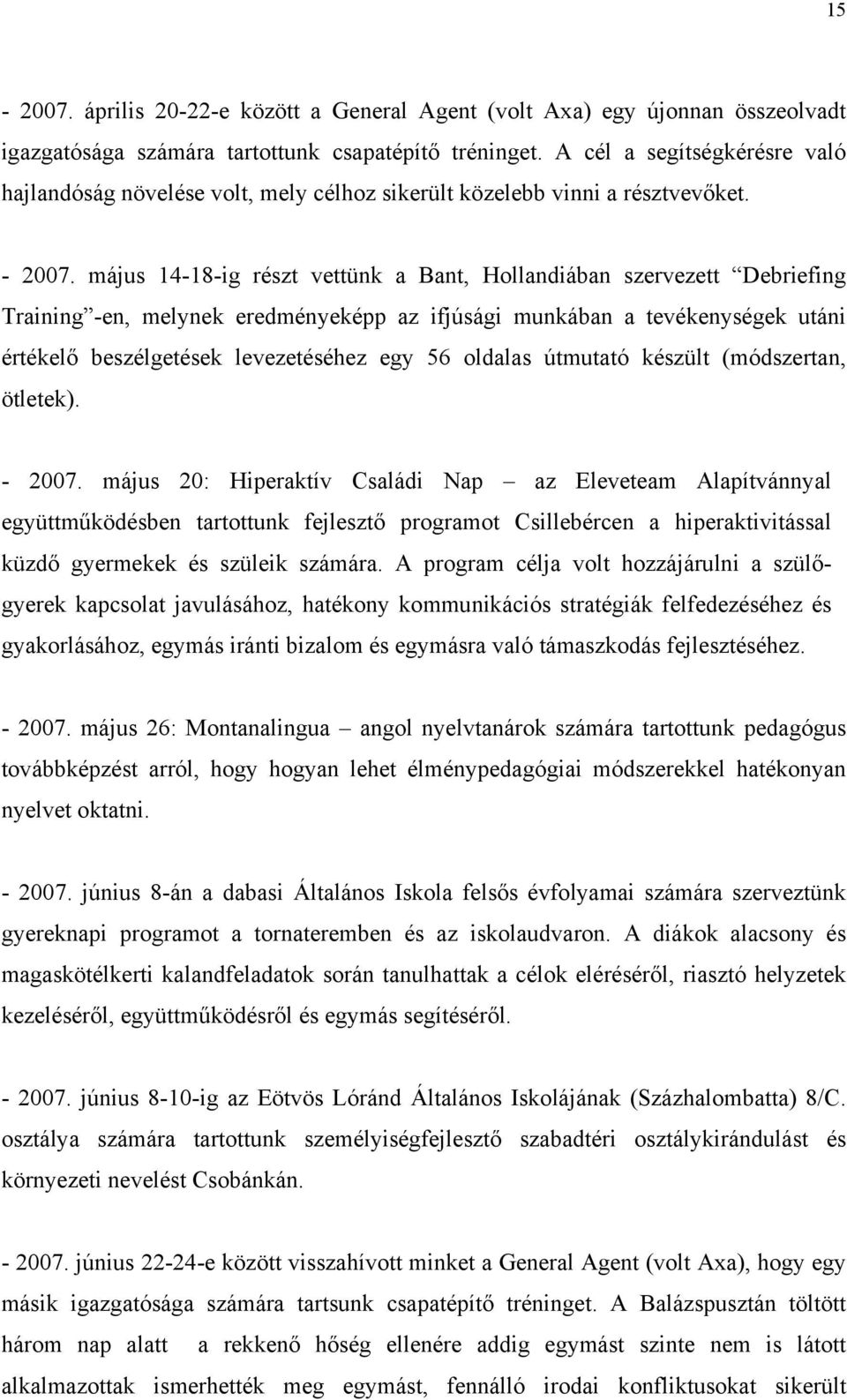 május 14-18-ig részt vettünk a Bant, Hollandiában szervezett Debriefing Training -en, melynek eredményeképp az ifjúsági munkában a tevékenységek utáni értékelő beszélgetések levezetéséhez egy 56