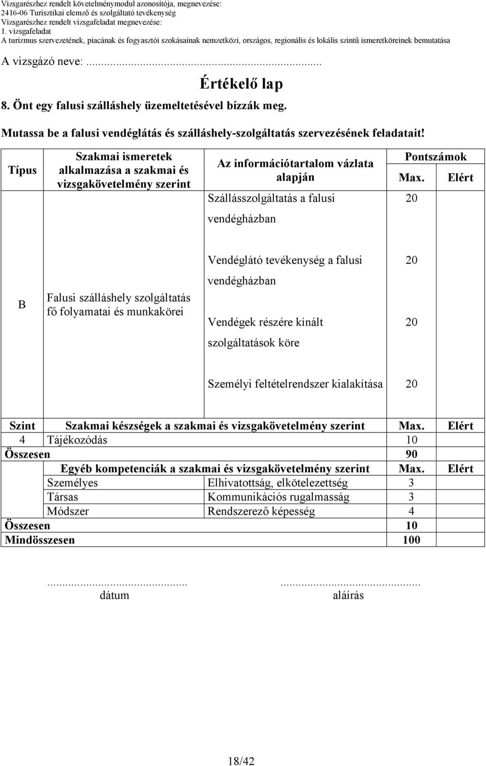 Elért vendégházban Vendéglátó tevékenység a falusi Falusi szálláshely szolgáltatás fı folyamatai és munkakörei vendégházban Vendégek részére kínált szolgáltatások köre Személyi feltételrendszer