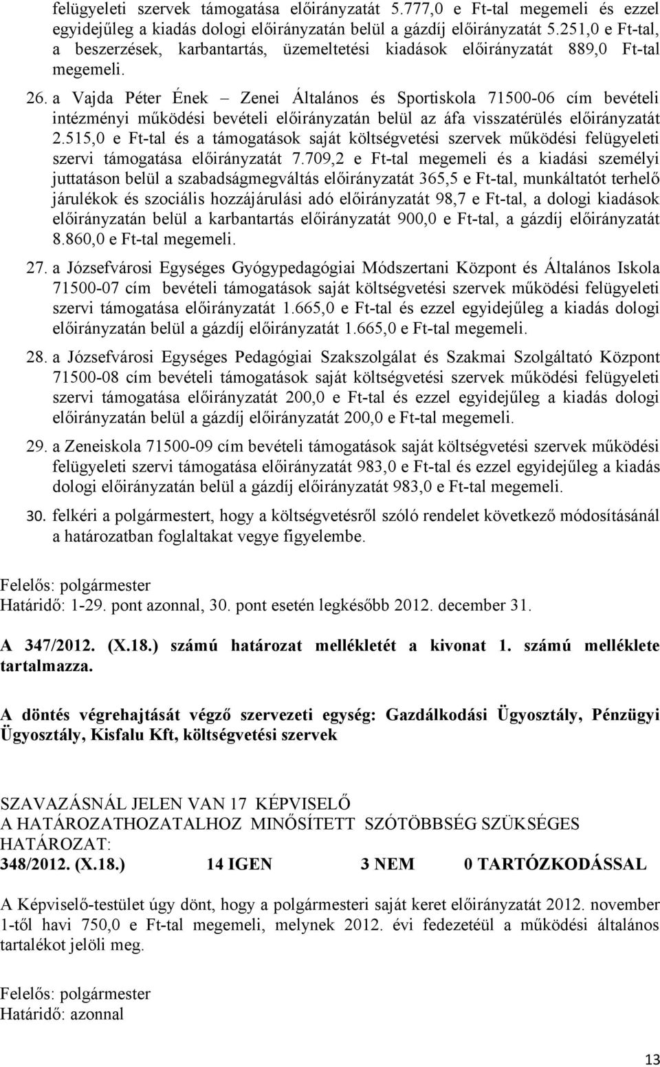 a Vajda Péter Ének Zenei Általános és Sportiskola 71500-06 cím bevételi intézményi működési bevételi előirányzatán belül az áfa visszatérülés előirányzatát 2.