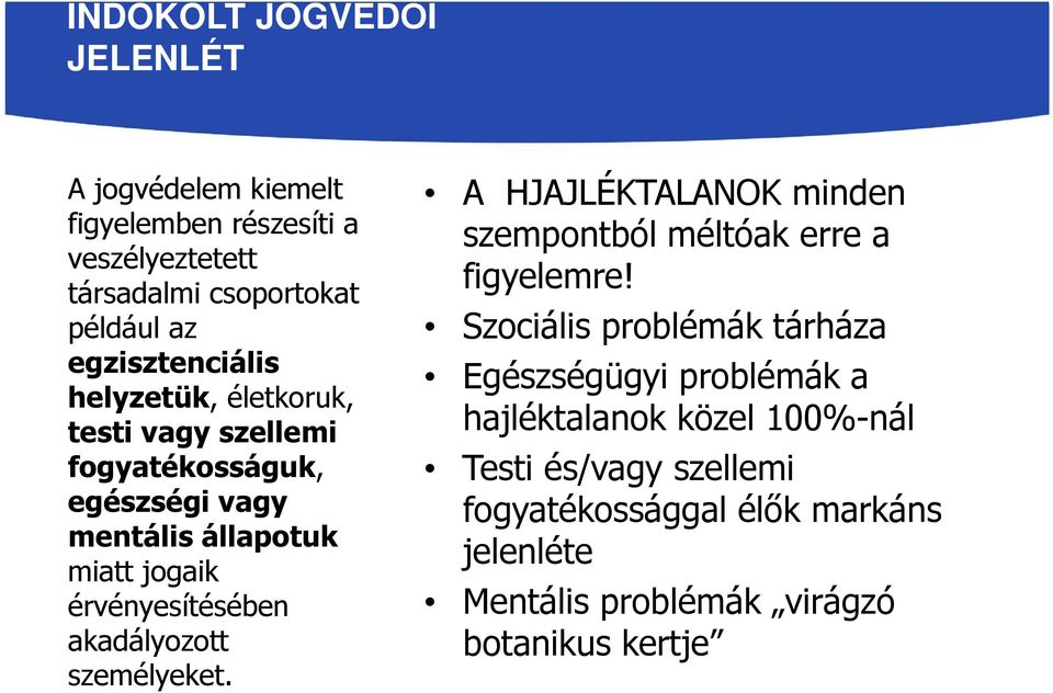 érvényesítésében akadályozott személyeket. A HJAJLÉKTALANOK minden szempontból méltóak erre a figyelemre!