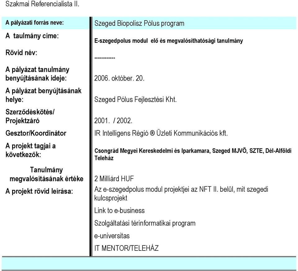 ideje: 2006. október. 20. A pályázat benyújtásának helye: Szerződéskötés/ Projektzáró 2001. / 2002.