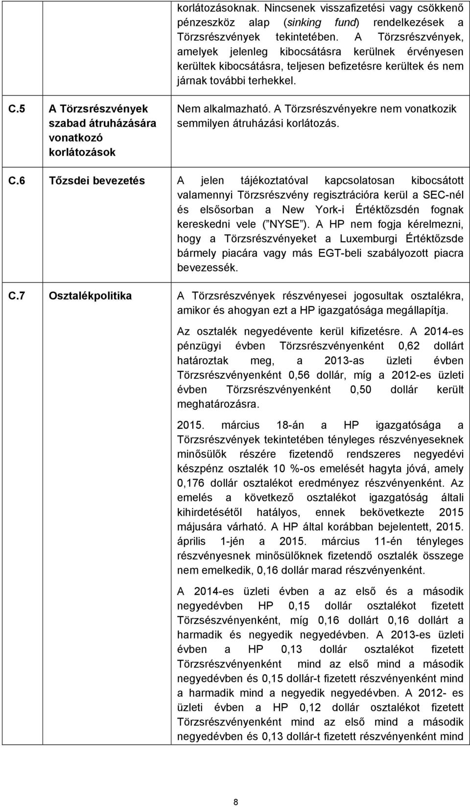 5 A Törzsrészvények szabad átruházására vonatkozó korlátozások Nem alkalmazható. A Törzsrészvényekre nem vonatkozik semmilyen átruházási korlátozás. C.