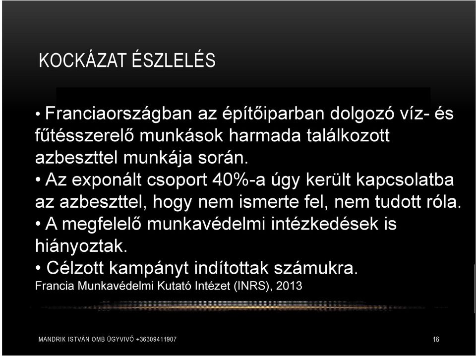 Az exponált csoport 40%-a úgy került kapcsolatba az azbeszttel, hogy nem ismerte fel, nem tudott róla.