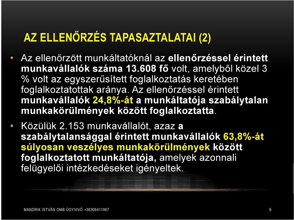 Az ellenőrzéssel érintett munkavállalók 24,8%-át a munkáltatója szabálytalan munkakörülmények között foglalkoztatta. Közülük 2.