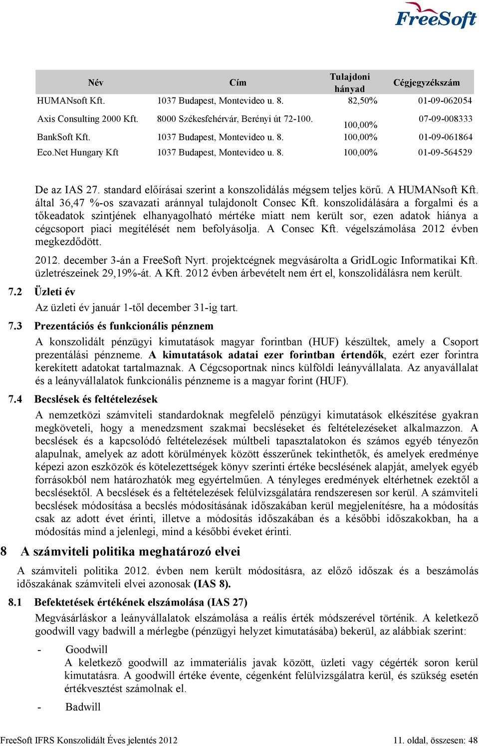 standard előírásai szerint a konszolidálás mégsem teljes körű. A HUMANsoft Kft. által 36,47 %-os szavazati aránnyal tulajdonolt Consec Kft.