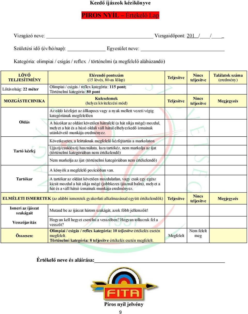 MOZGÁSTECHNIKA Kulcselemek (helyes kivitelezési mód) Teljesítve Nincs teljesítve Megjegyzés Az oldó kézfejet az állkapocs vagy a nyak mellett vezeti végig kategóriának megfelelően Oldás A húzókar az