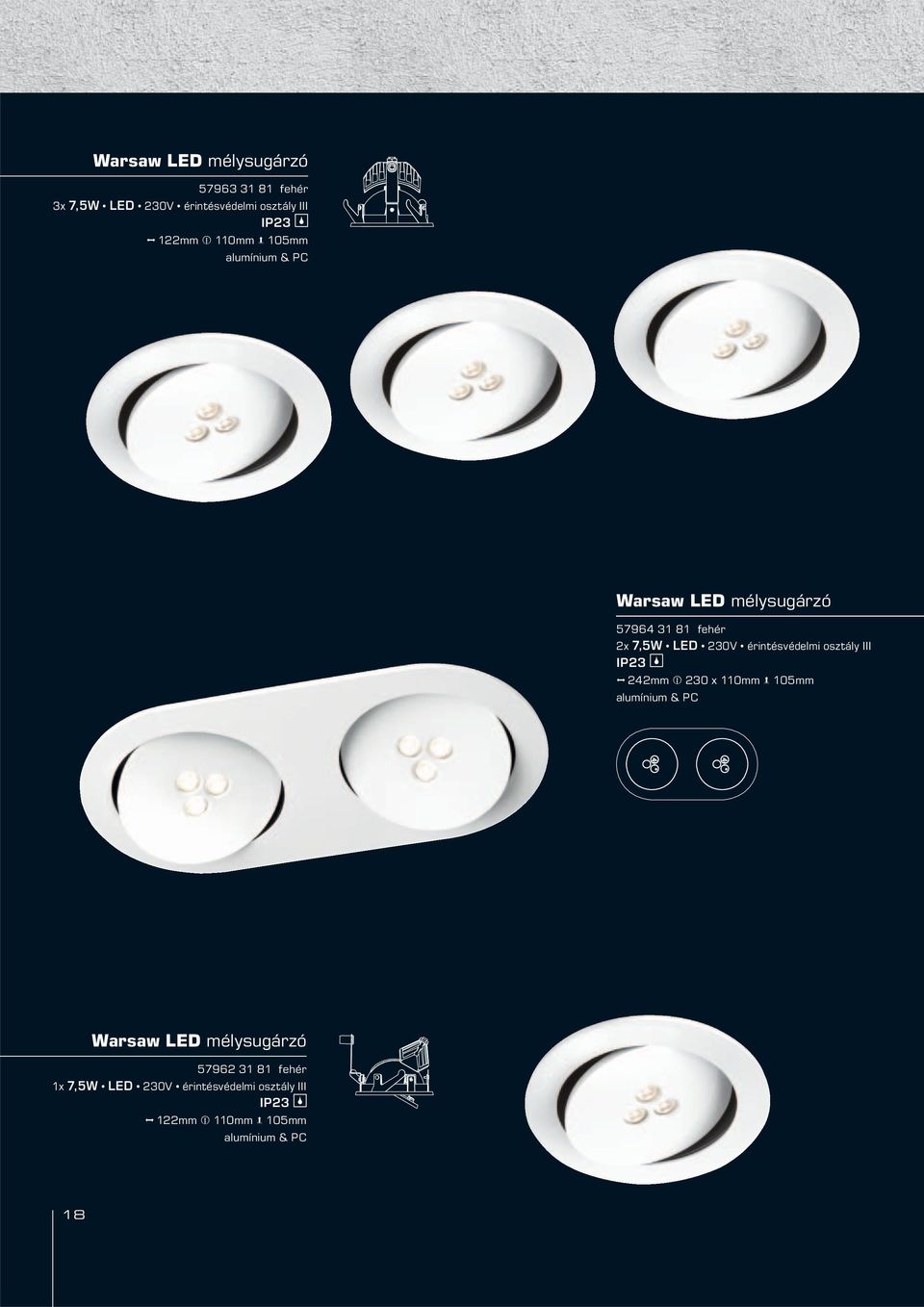 fehér 2x 7,5W LED II J 242mm P 230 x 110mm Q 105mm Warsaw LED