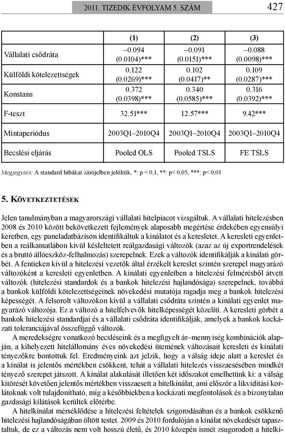 42*** Mintaperiódus 2003Q1 2010Q4 2003Q1 2010Q4 2003Q1 2010Q4 Becslési eljárás Pooled OLS Pooled TSLS FE TSLS Megjegyzés: A standard hibákat zárójelben jelöltük, *: p < 0,1, **: p< 0,05, ***: p< 0,01