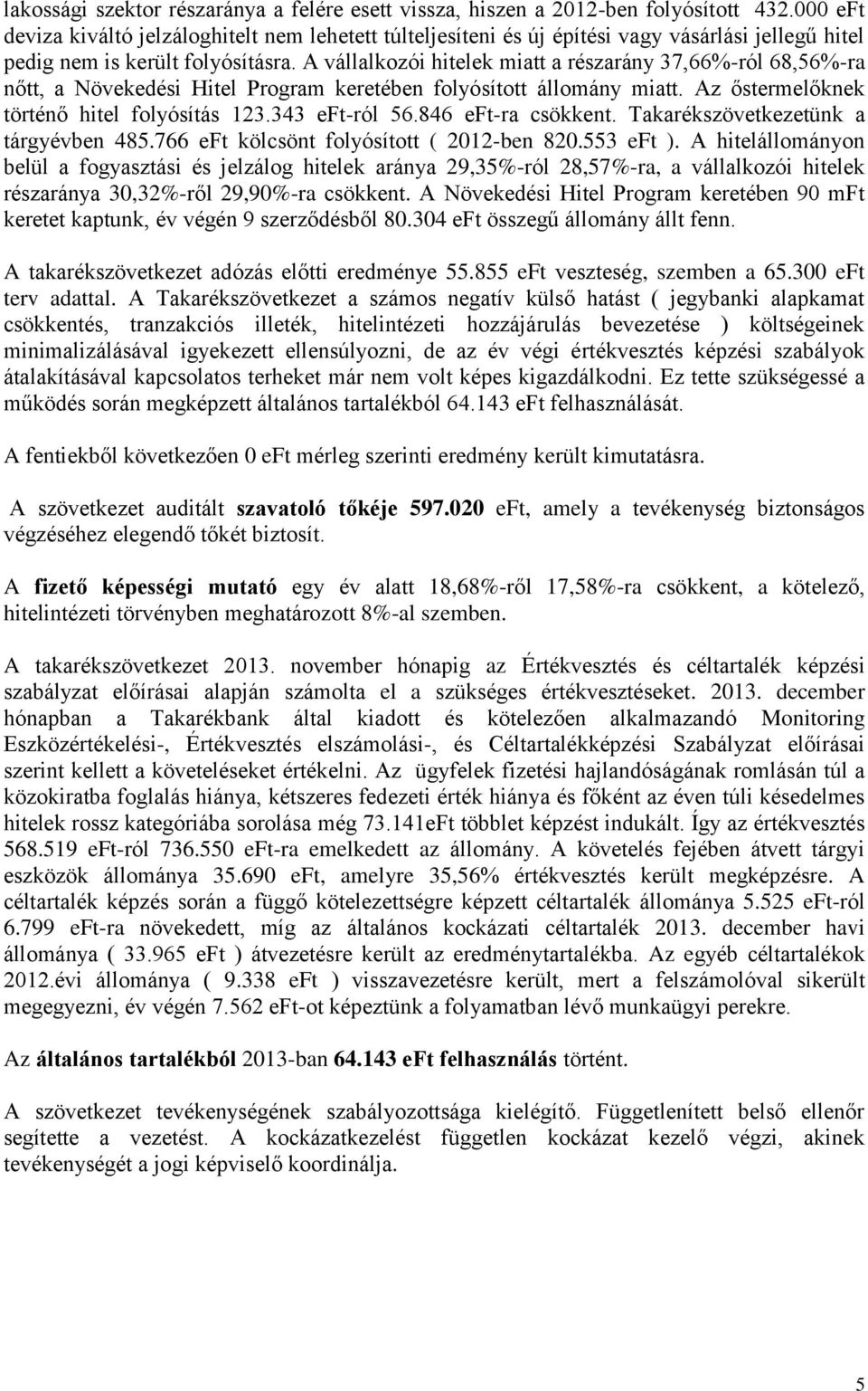 A vállalkozói hitelek miatt a részarány 37,66%-ról 68,56%-ra nőtt, a Növekedési Hitel Program keretében folyósított állomány miatt. Az őstermelőknek történő hitel folyósítás 123.343 eft-ról 56.