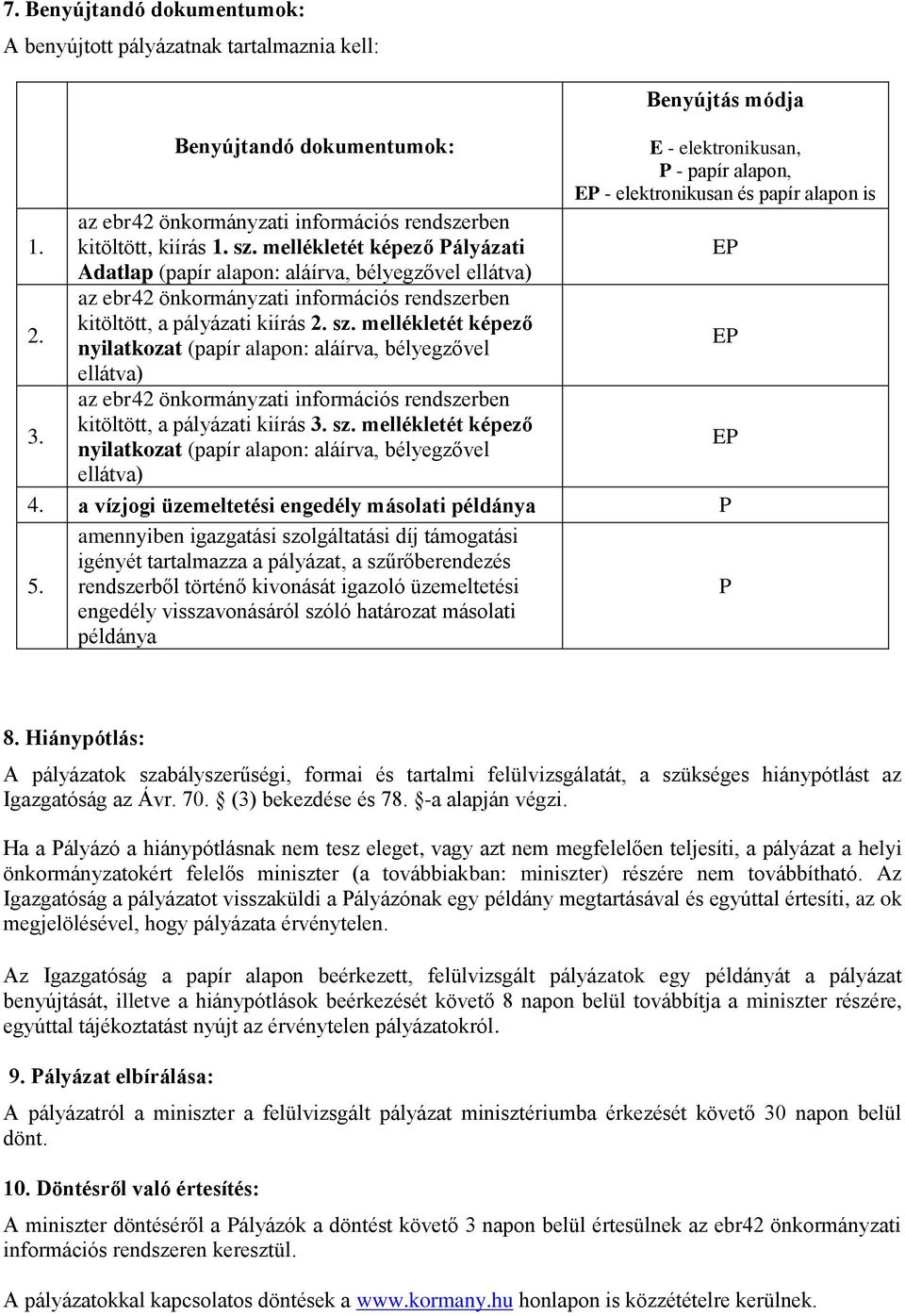 mellékletét képező Pályázati EP Adatlap (papír alapon: aláírva, bélyegzővel ellátva) az ebr42 önkormányzati információs rendszerben 2. kitöltött, a pályázati kiírás 2. sz.