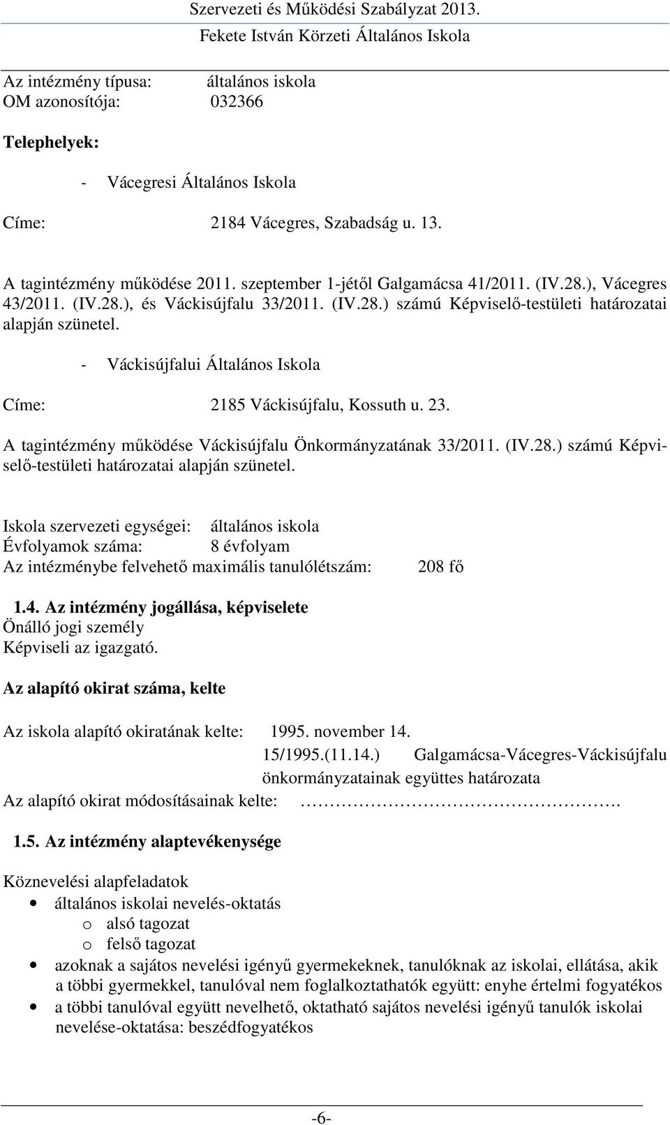 - Váckisújfalui Általános Iskola Címe: 2185 Váckisújfalu, Kossuth u. 23. A tagintézmény működése Váckisújfalu Önkormányzatának 33/2011. (IV.28.) számú Képviselő-testületi határozatai alapján szünetel.