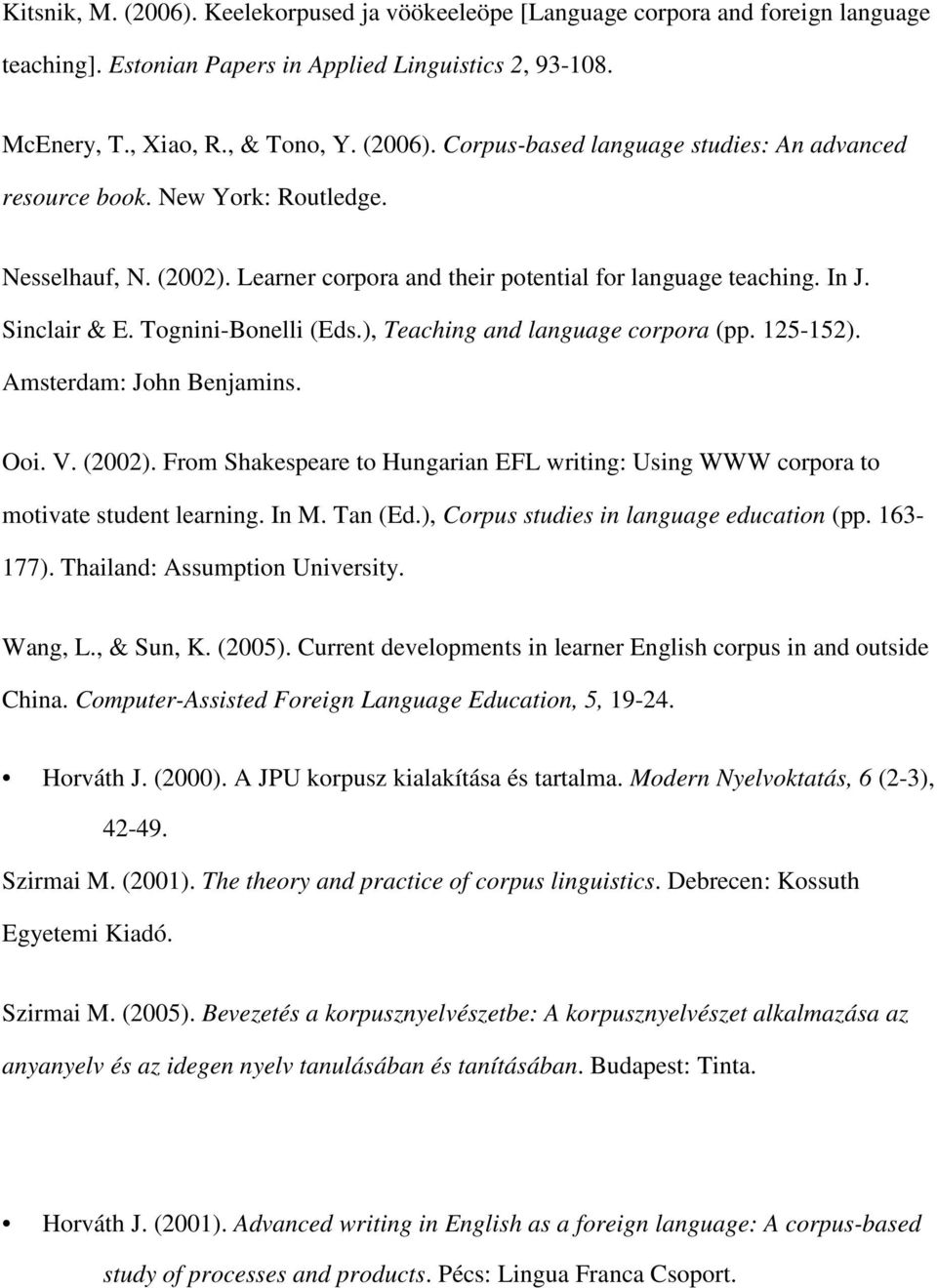 Amsterdam: John Benjamins. Ooi. V. (2002). From Shakespeare to Hungarian EFL writing: Using WWW corpora to motivate student learning. In M. Tan (Ed.), Corpus studies in language education (pp.