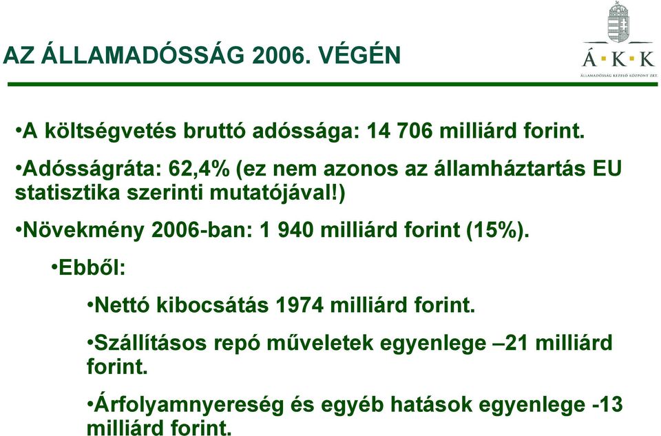 ) Növekmény 2006-ban: 1 940 milliárd forint (15%). Ebből: Nettó kibocsátás 1974 milliárd forint.