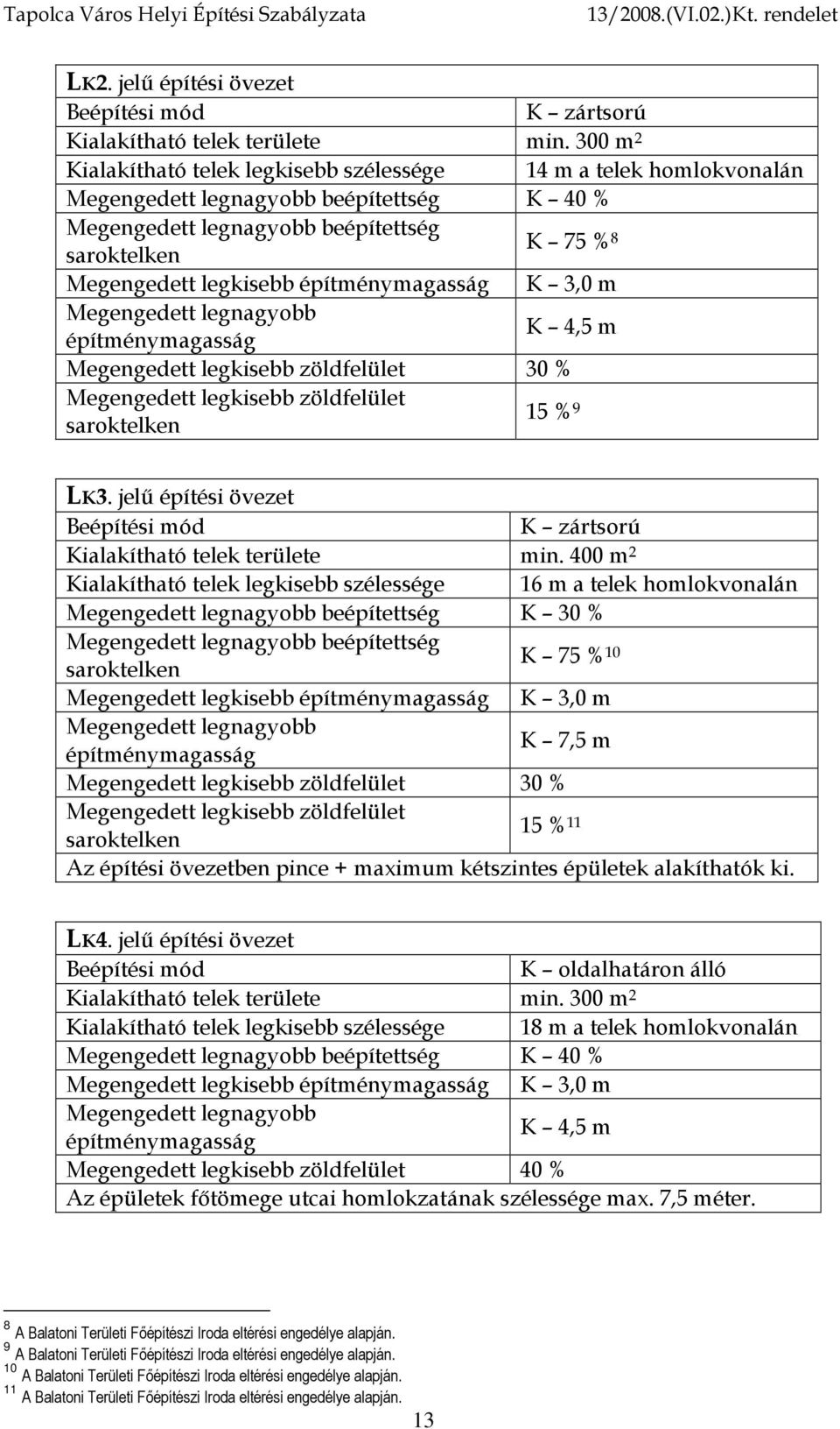 jelű építési övezet K zártsorú Kialakítható telek területe min.