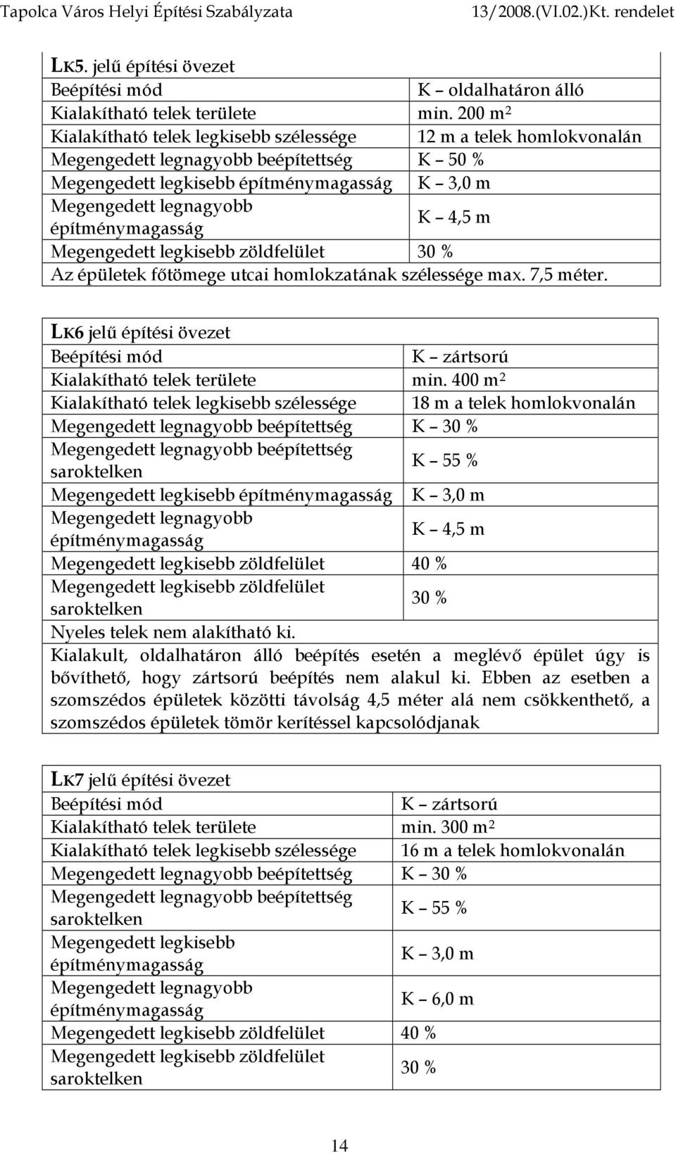 LK6 jelű építési övezet K zártsorú Kialakítható telek területe min.