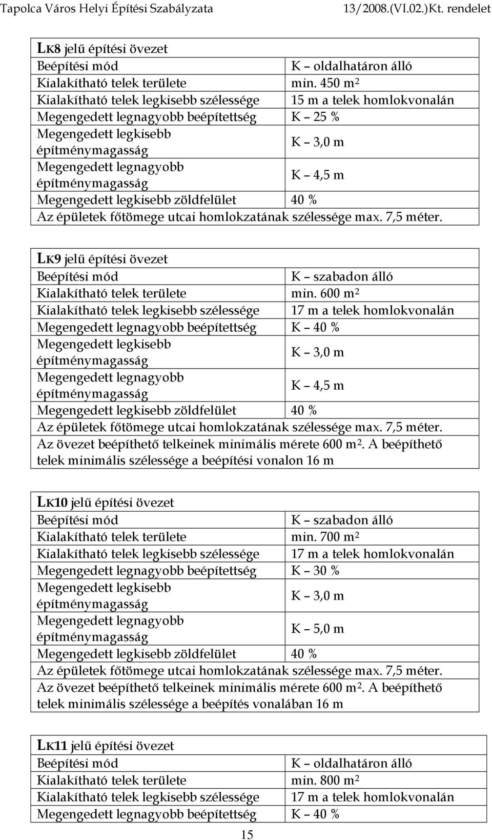 LK9 jelű építési övezet K szabadon álló Kialakítható telek területe min.