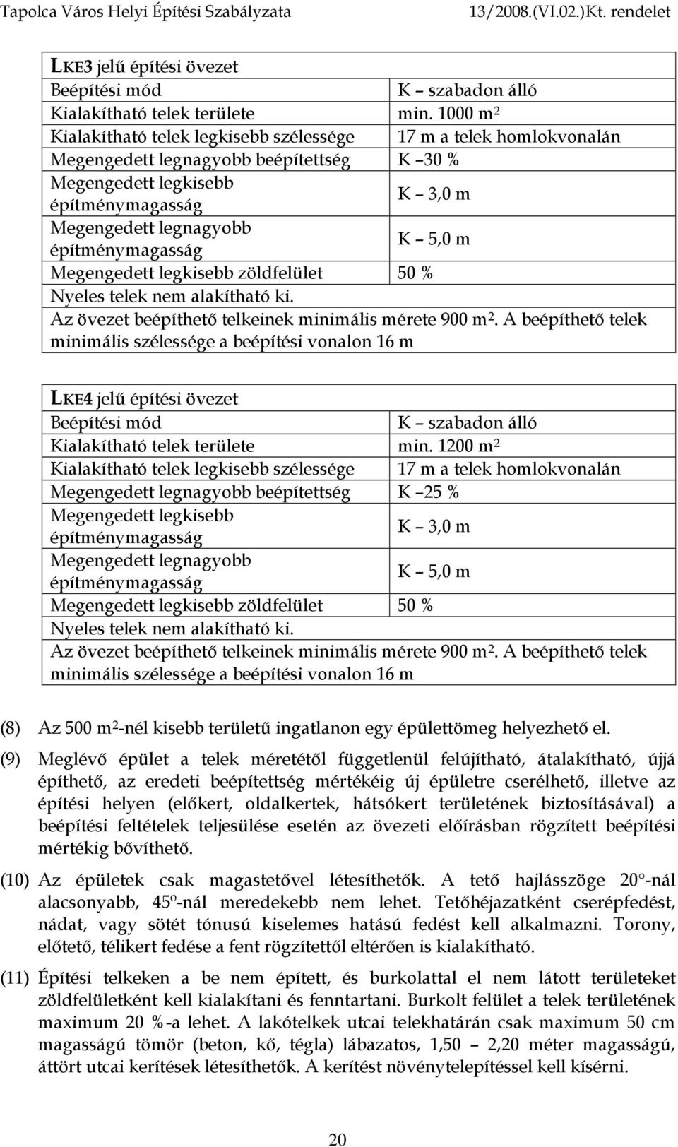 Az övezet beépíthető telkeinek minimális mérete 900 m 2. A beépíthető telek minimális szélessége a beépítési vonalon 16 m LKE4 jelű építési övezet K szabadon álló Kialakítható telek területe min.