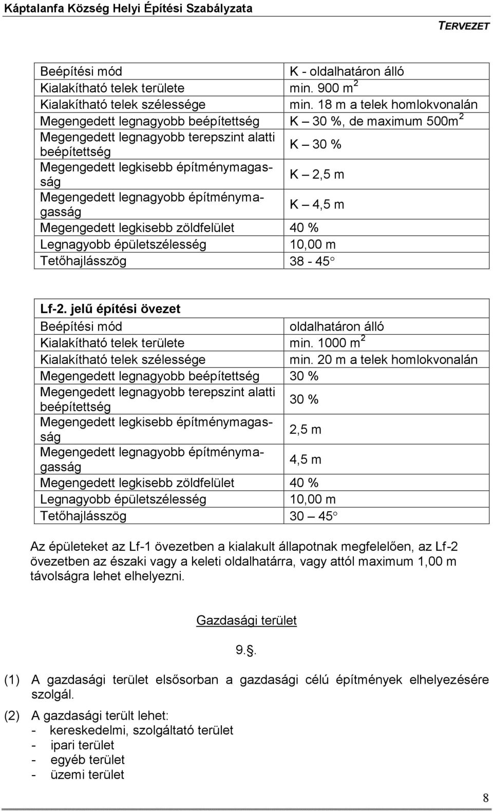 Megengedett legnagyobb építménymagasság K 4,5 m Megengedett legkisebb zöldfelület 40 % Legnagyobb épületszélesség 10,00 m Tetőhajlásszög 38-45 Lf-2.