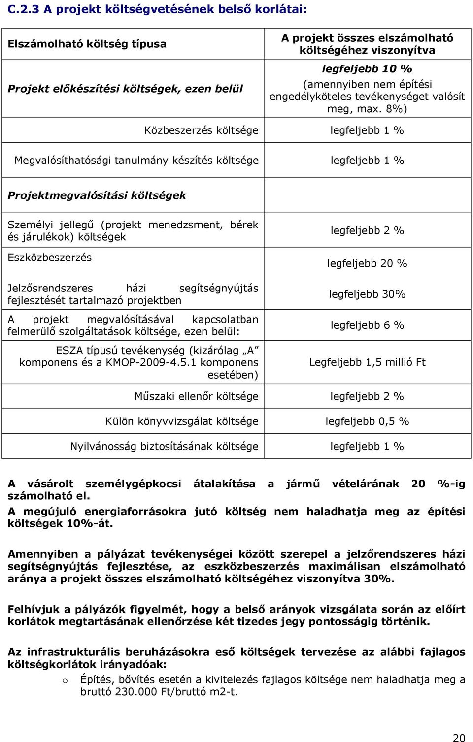 8%) Közbeszerzés költsége legfeljebb 1 % Megvalósíthatósági tanulmány készítés költsége legfeljebb 1 % Projektmegvalósítási költségek Személyi jellegű (projekt menedzsment, bérek és járulékok)