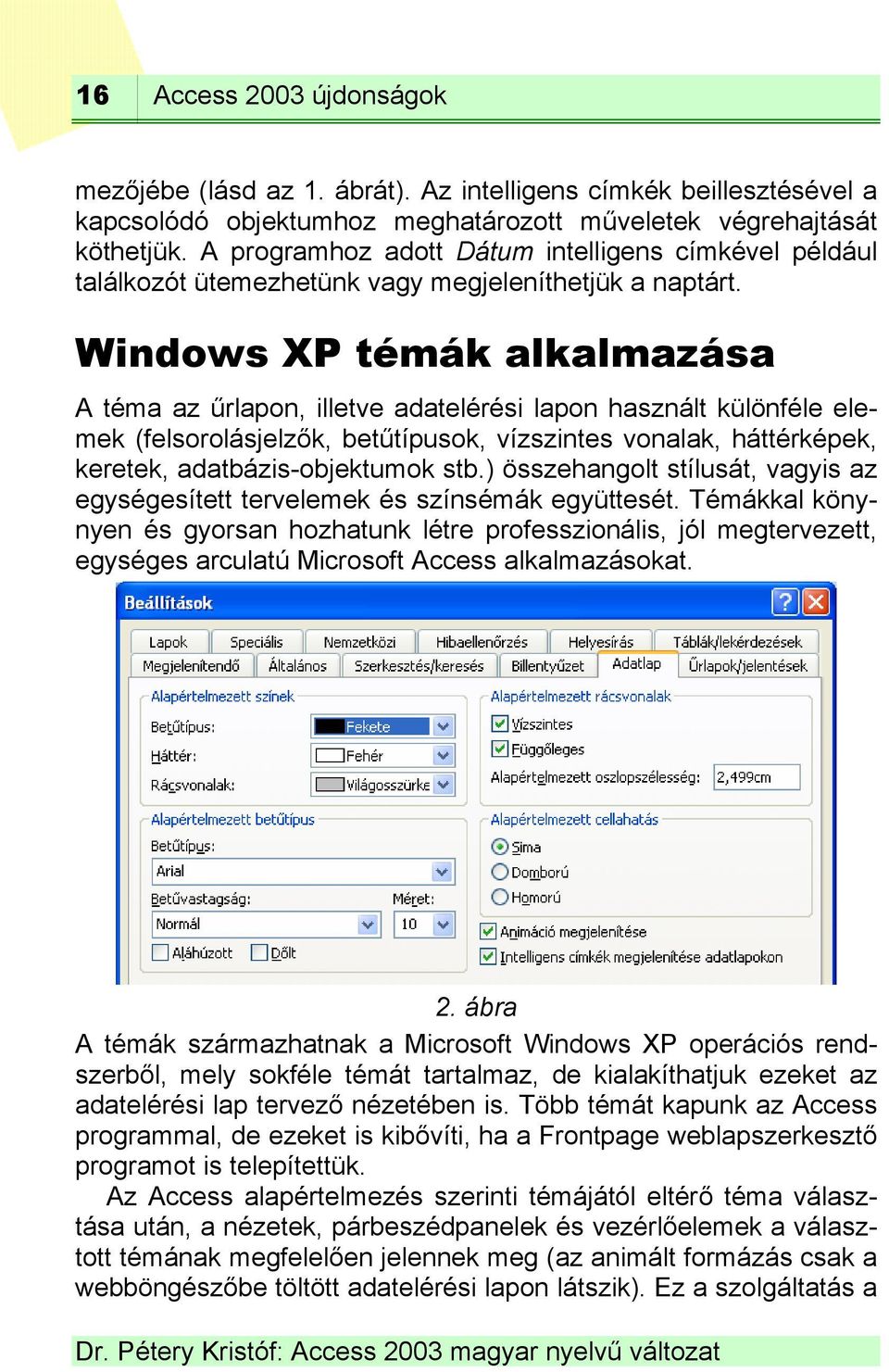Windows XP témák alkalmazása A téma az űrlapon, illetve adatelérési lapon használt különféle elemek (felsorolásjelzők, betűtípusok, vízszintes vonalak, háttérképek, keretek, adatbázis-objektumok stb.