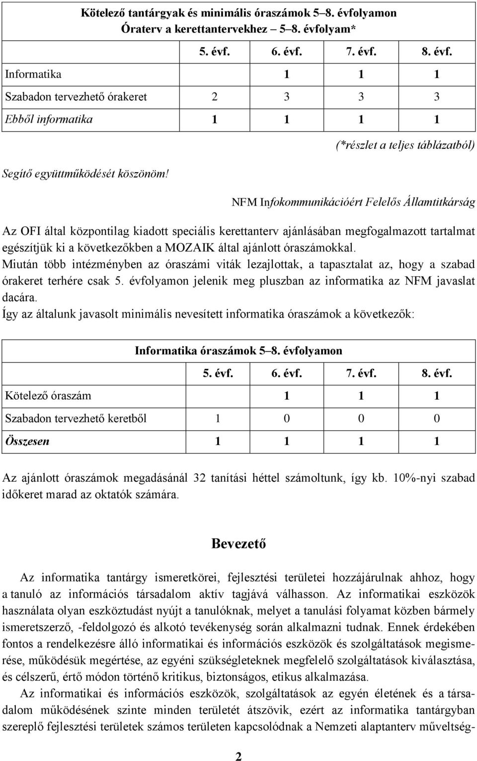 következőkben a MOZAIK által ajánlott óraszámokkal. Miután több intézményben az óraszámi viták lezajlottak, a tapasztalat az, hogy a szabad órakeret terhére csak 5.