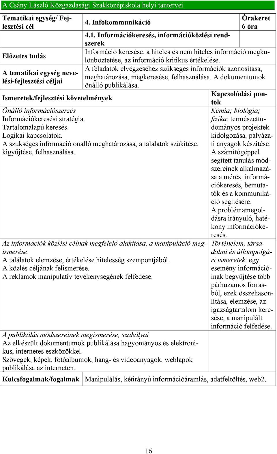 Előzetes tudás A feladatok elvégzéséhez szükséges információk azonosítása, A tematikai egység nevelési-fejlesztési céljai meghatározása, megkeresése, felhasználása. A dokumentumok önálló publikálása.