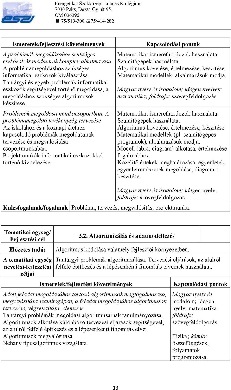 A problémamegoldó tevékenység tervezése Az iskolához és a köznapi élethez kapcsolódó problémák megoldásának tervezése és megvalósítása csoportmunkában.